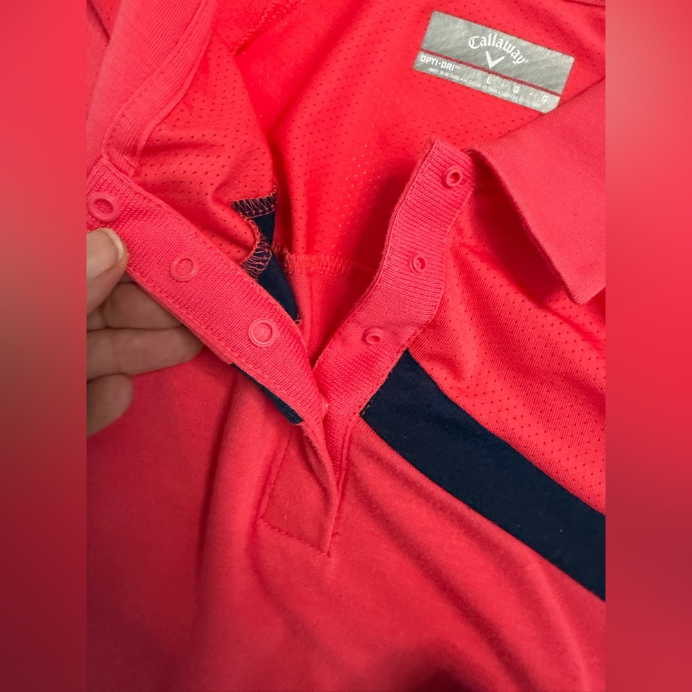 Callaway Opti Dri Golf Polo Coral Pink Navy Stripe Athletic Shirt Women’s Large - Picture 6 of 9